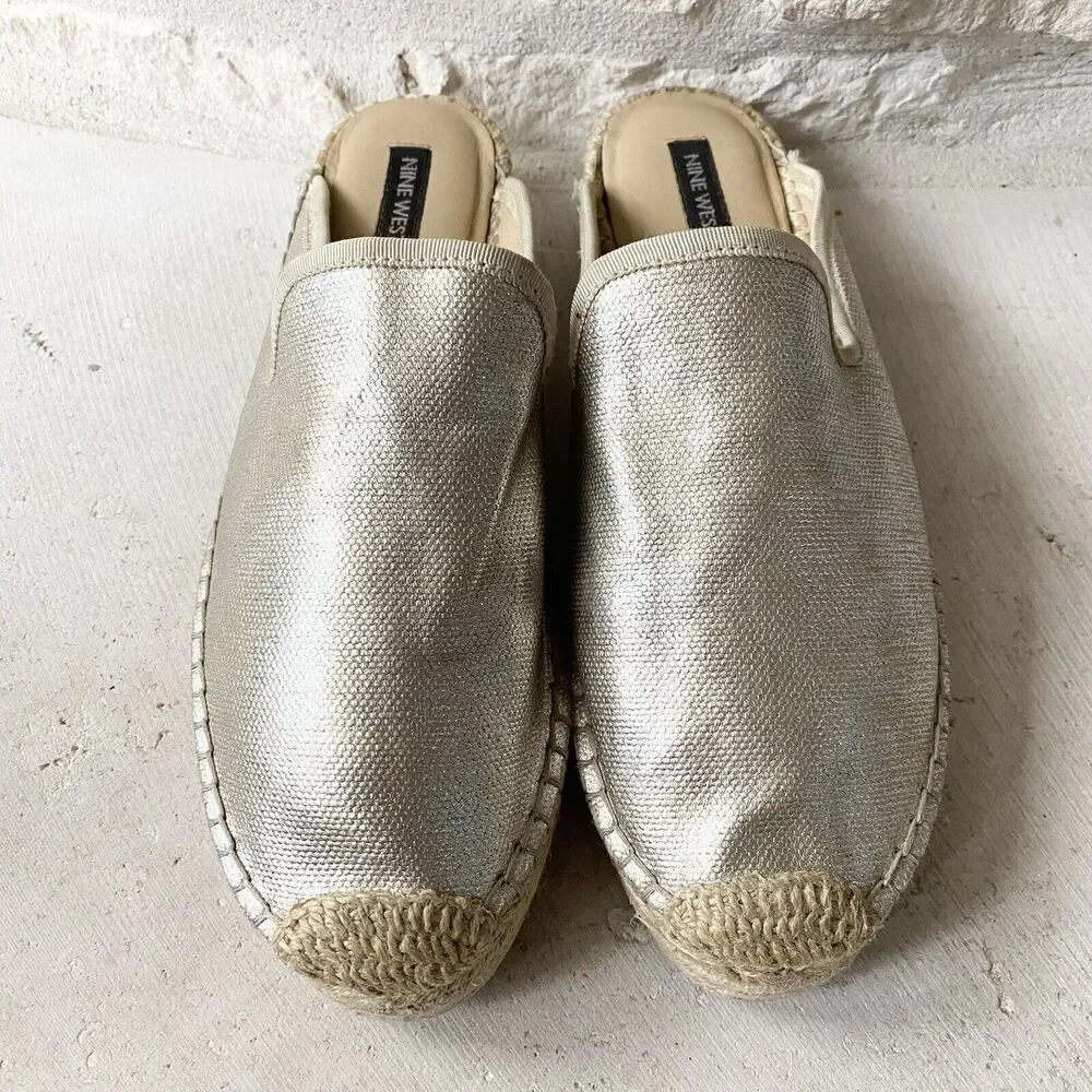 Nine West Women’s Shoes Sweetie Slip On Mule Slides Platinum 8.5 M Metallic Gold